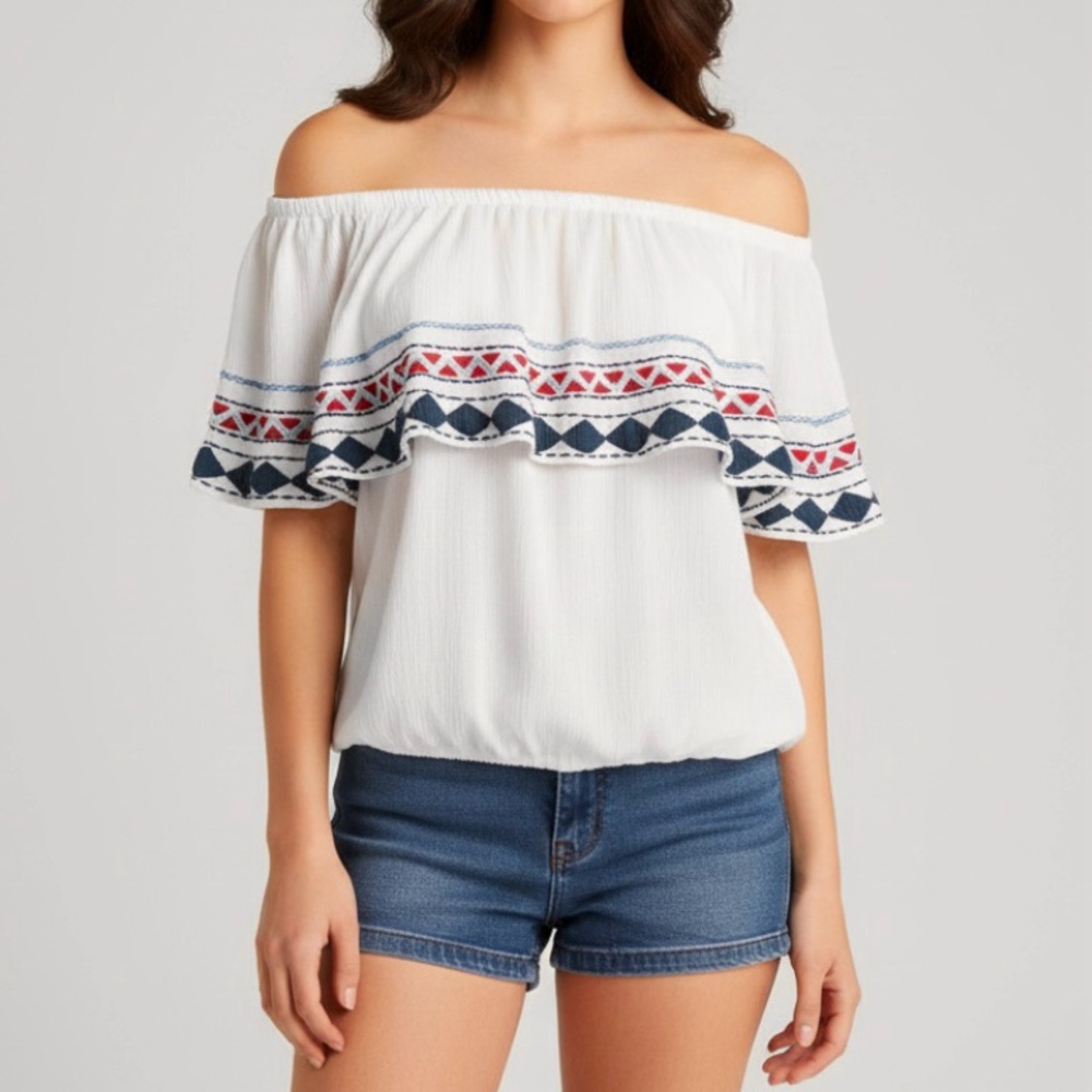 Piper Anthropologie Top White Off the Shoulder Embroidered Gauze XS Boho Blouson